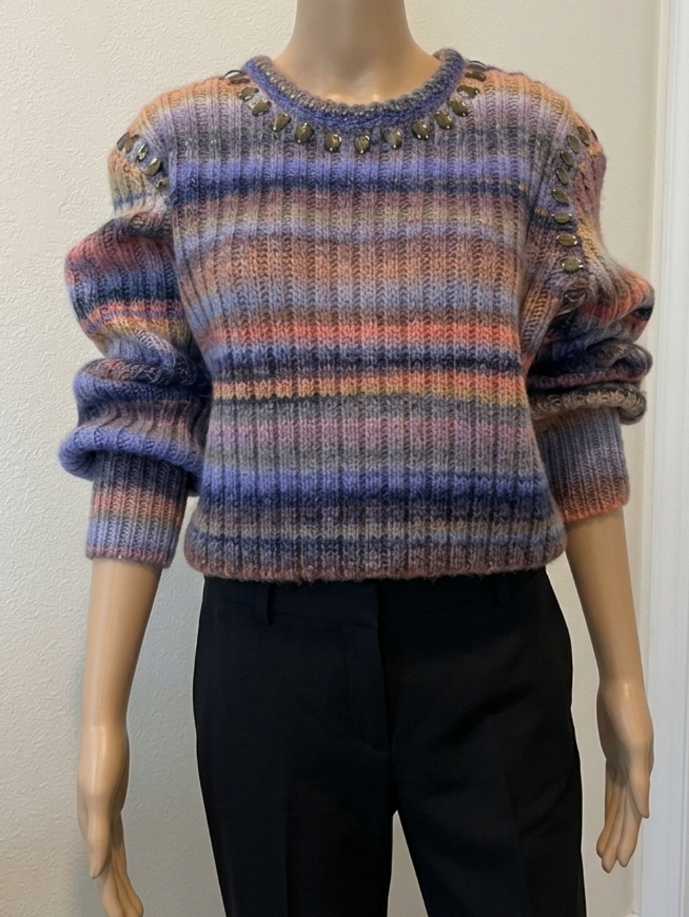 Cinq A Sept Myra Stripe Crystal Detail Wool Blend Sweater